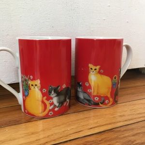 Set of two adorable cat mugs. Red watercolor cats
